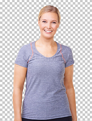 Buy stock photo Fitness, smile and health with portrait of woman isolated on transparent background for exercise, workout or confident. Female model, happy pilates coach or png for exercising, wellness or sportswear