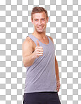 Studio portrait of a sporty young man giving a thumbs up to the camera isolated on a png background