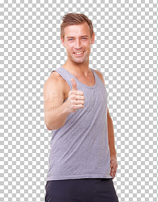 Buy stock photo Happy man, portrait and thumbs up for winning in fitness isolated on a transparent PNG background. Male person smile with thumb emoji, yes sign and like for workout approval, good job and goals