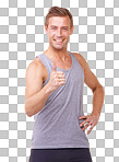 portrait of a sporty man giving a thumbs up to the camera isolated on a png background