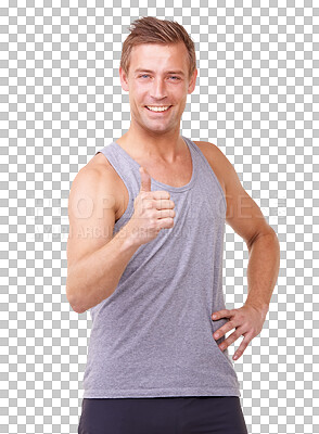 Buy stock photo Man, portrait and smile with thumbs up for success in fitness isolated on a transparent PNG background. Male person with thumb emoji, yes sign or agreement for winning, approval or happy for good job