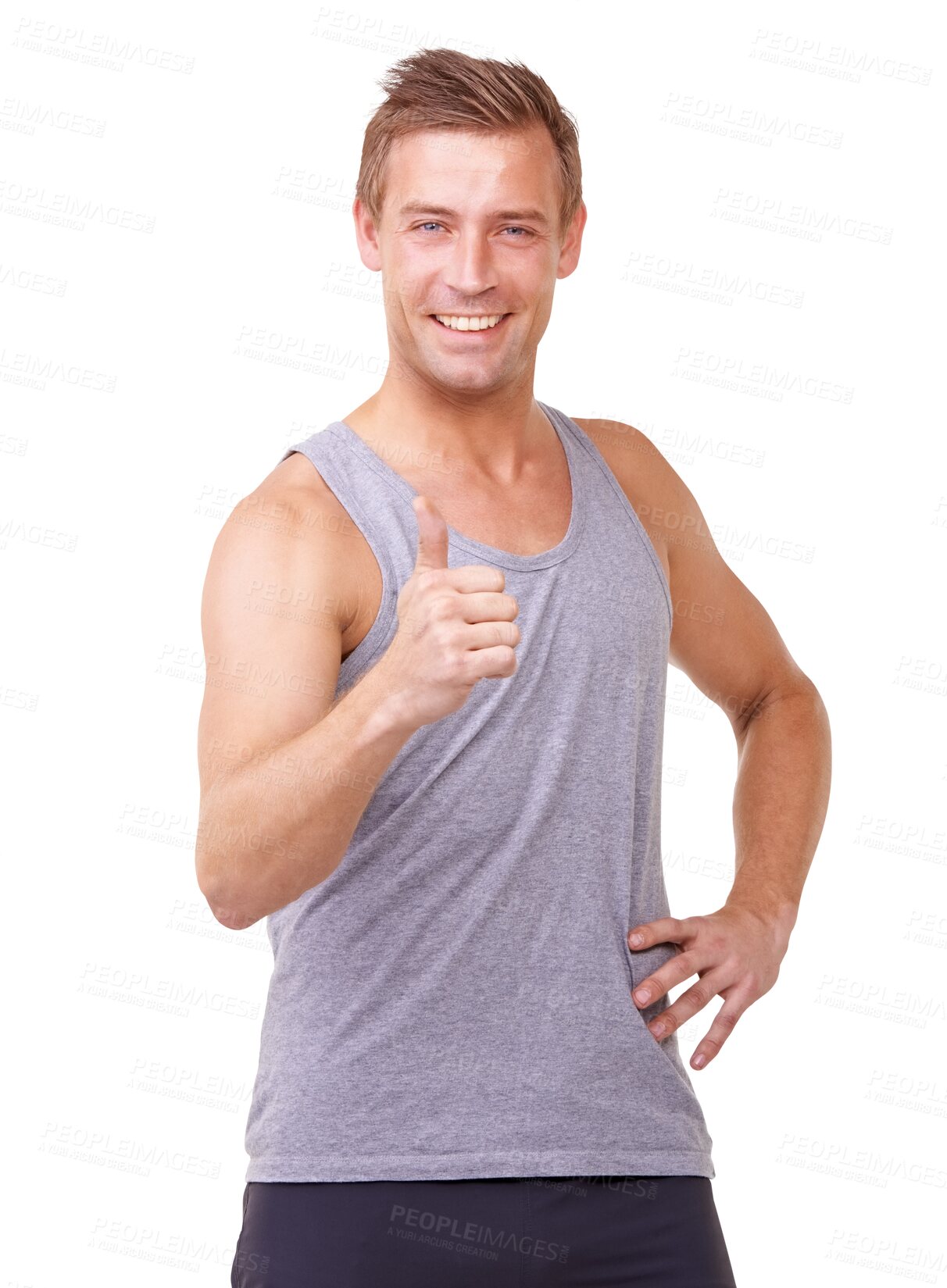 Buy stock photo Man, portrait and smile with thumbs up for success in fitness isolated on a transparent PNG background. Male person with thumb emoji, yes sign or agreement for winning, approval or happy for good job