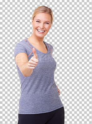 Buy stock photo Woman, portrait and thumbs up for fitness celebration isolated on a transparent PNG background. Female person, smile and thumb emoji for great achievement, yes sign or like for good workout approval