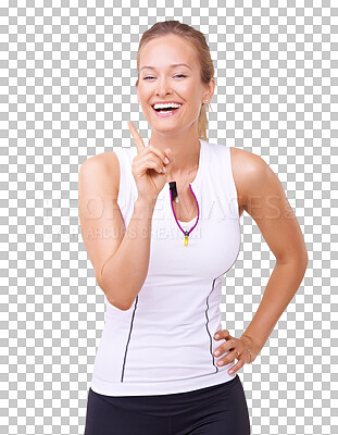 Buy stock photo Fitness portrait, happy woman and idea gesture for exercise inspiration, advertising workout and promotion. Eureka plan, female runner and pointing while isolated on a transparent, png background