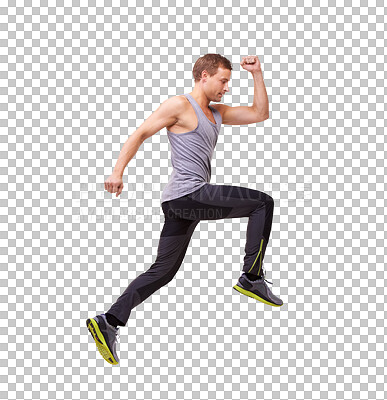 Buy stock photo Isolated, jump and man fitness action on a transparent, png background with run. Wellness, jumping and workout of male person with race and marathon body training for exercise and sports athlete