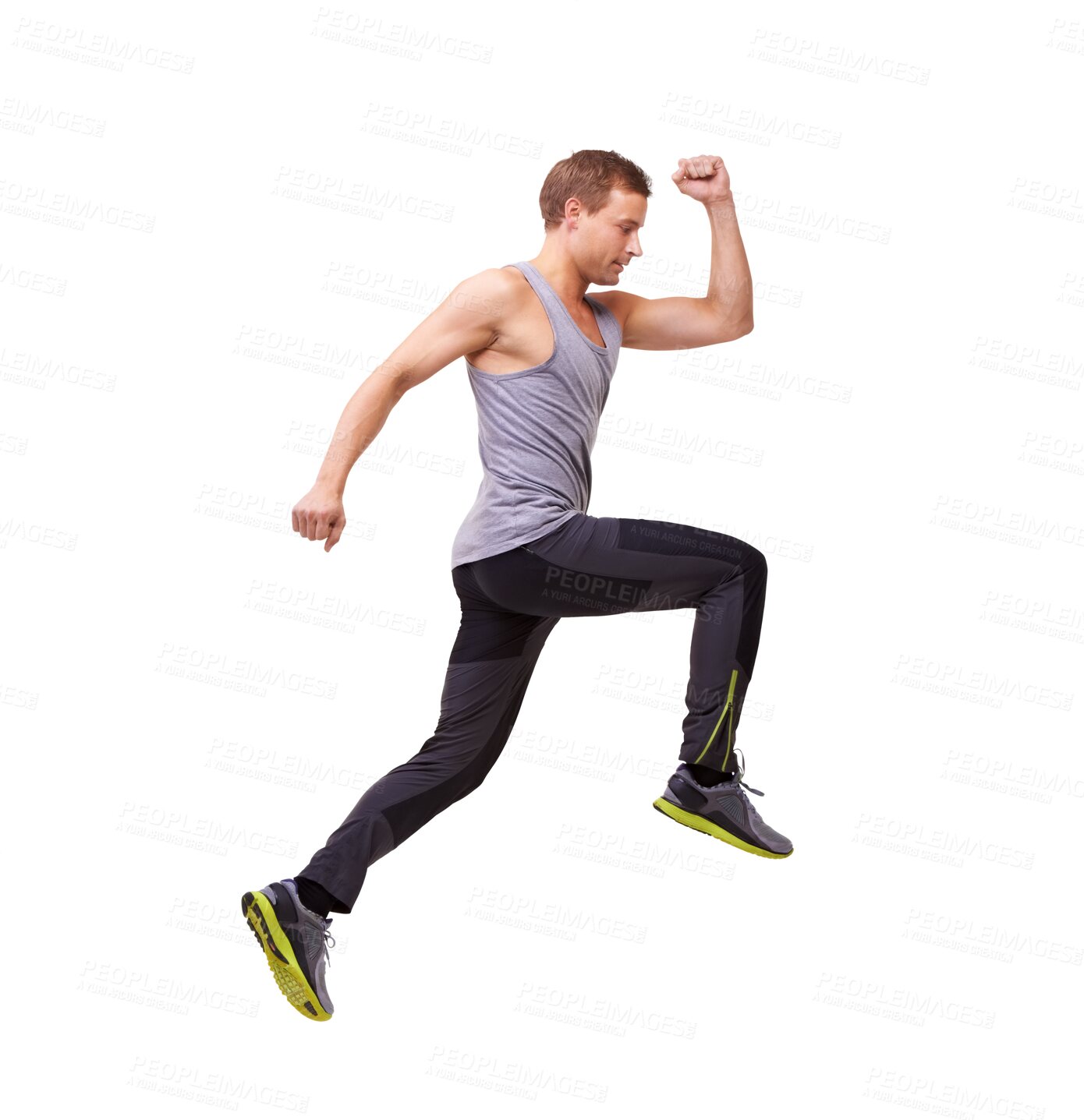 Buy stock photo Isolated, jump and man fitness action on a transparent, png background with run. Wellness, jumping and workout of male person with race and marathon body training for exercise and sports athlete