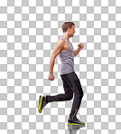 Sideways studio shot of a man jogging across the frame isolated on a png background