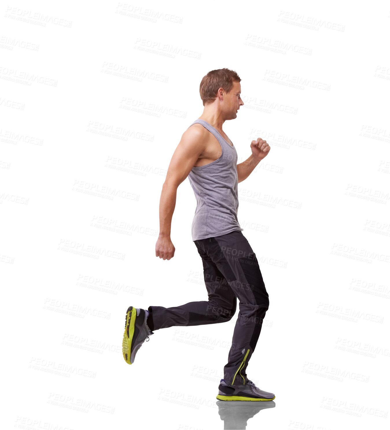 Buy stock photo Fitness, running and profile of man for workout on isolated, png and transparent background. Sports, wellness and serious male person run for exercise, marathon training and cardio for healthy body