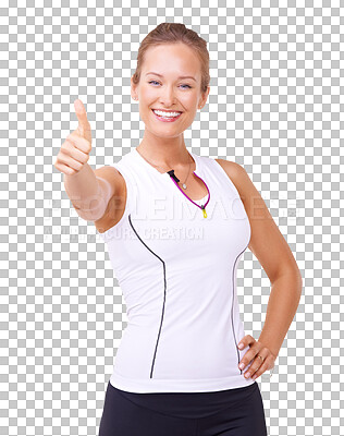 Buy stock photo Happy woman, portrait and thumbs up for success in fitness isolated on a transparent PNG background. Female person or model smile with thumb emoji, yes sign or like for winning, approval or good job