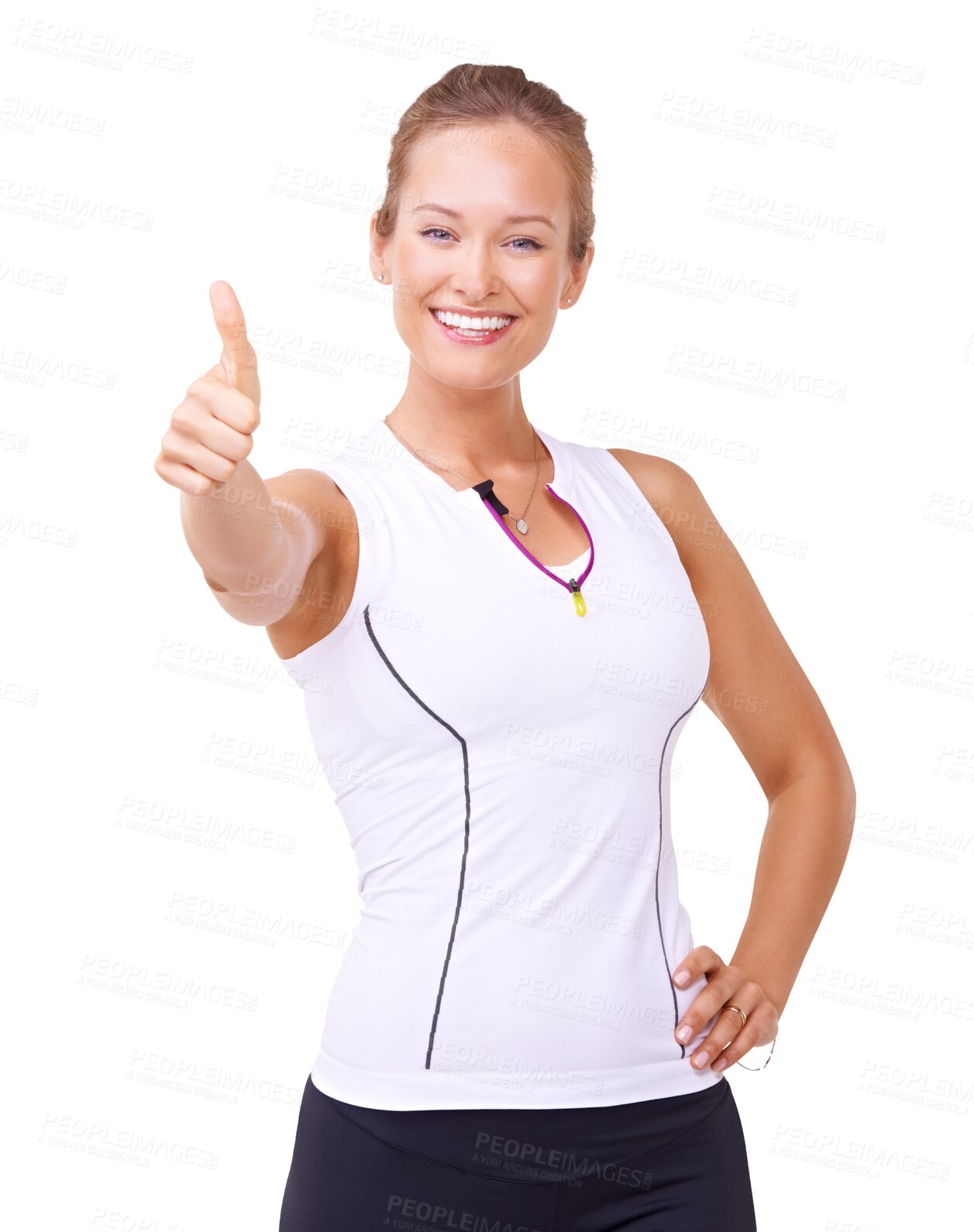 Buy stock photo Happy woman, portrait and thumbs up for success in fitness isolated on a transparent PNG background. Female person or model smile with thumb emoji, yes sign or like for winning, approval or good job