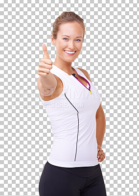 Buy stock photo Happy woman, portrait and thumbs up for winning in fitness isolated on a transparent PNG background. Female person or model smile with thumb emoji, yes sign or like for success, approval or good job