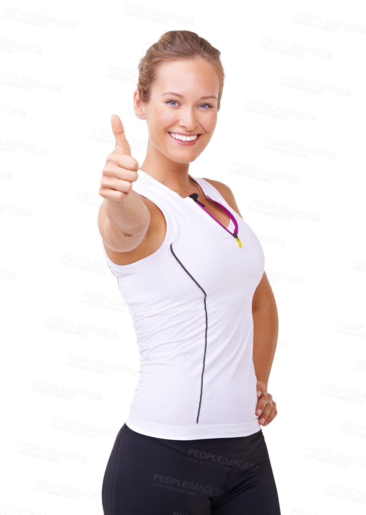 Buy stock photo Happy woman, portrait and thumbs up for winning in fitness isolated on a transparent PNG background. Female person or model smile with thumb emoji, yes sign or like for success, approval or good job