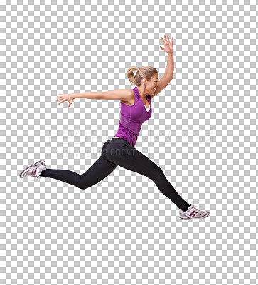 Buy stock photo Woman, leap and run jump with fitness and workout isolated on a transparent, png background. Running, exercise and female model with happiness and runner training for health and wellness with smile