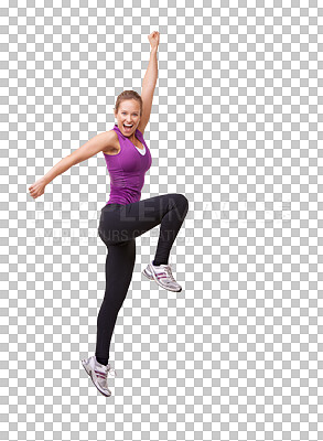 Buy stock photo Excited, jump and portrait of woman with fitness for a exercise, workout or gym training. Energy, gym clothes and female model celebrating with confidence isolated by transparent png background
