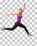 Studio shot of an energetic young woman leaping through the air across the frame isolated on a png background