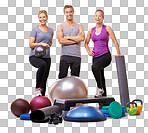 portrait of a group of sporty people standing behind a pile of small gym equipment isolated on a png background