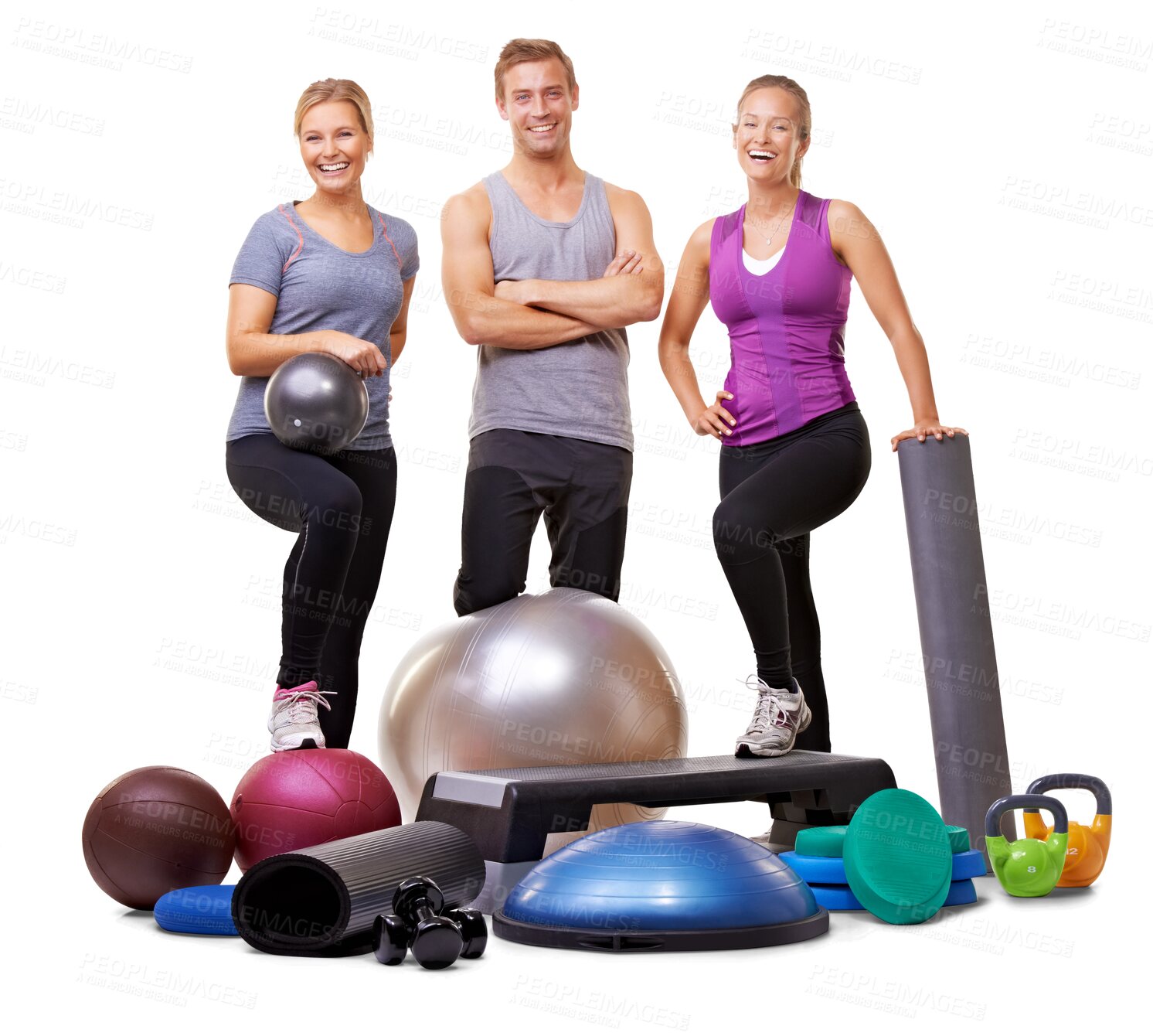 Buy stock photo Fitness, group and portrait of people with equipment on isolated, png and transparent background. Friends, gym and man and women with sports balls for training, exercise and pilates for wellness