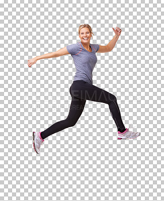 Buy stock photo Action, jump and woman portrait with isolated on a transparent, png background with fitness. Wellness, running and workout of a female person with race and marathon training for exercise and athlete