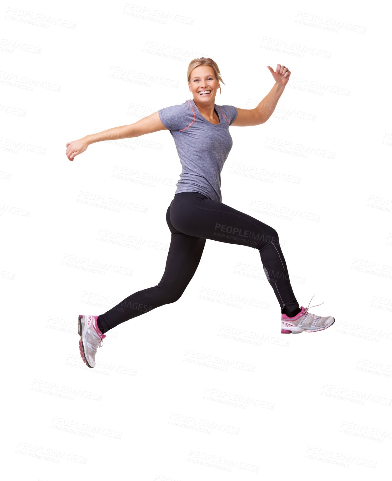 Buy stock photo Action, jump and woman portrait with isolated on a transparent, png background with fitness. Wellness, running and workout of a female person with race and marathon training for exercise and athlete