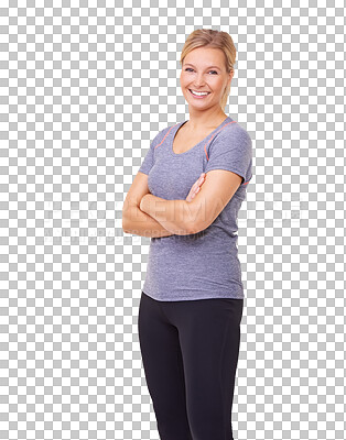 Buy stock photo Fitness, crossed arms and portrait of woman for workout on isolated, png and transparent background. Diet, gym training and happy female person smile for exercise for wellness, health and weight loss