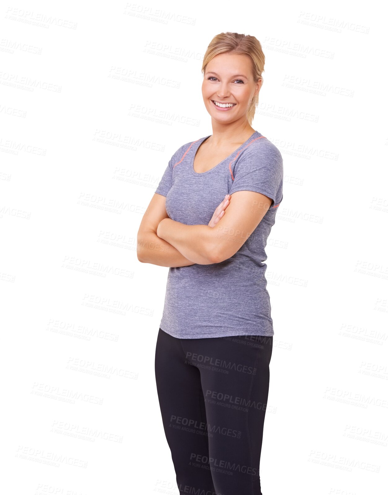 Buy stock photo Fitness, crossed arms and portrait of woman for workout on isolated, png and transparent background. Diet, gym training and happy female person smile for exercise for wellness, health and weight loss