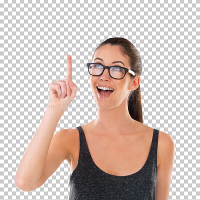 Buy stock photo Woman, thinking and pointing up with inspiration and glasses isolated on a transparent, png background. Young person, female model and vision of student with happy smile from thought with confidence