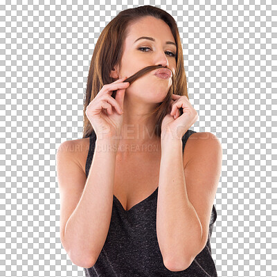 Buy stock photo Hair, funny mustache and portrait of woman on isolated, png and transparent background with pout. Happy, beauty and face of female person with comic moustache for comedy, cosmetics and hairstyle