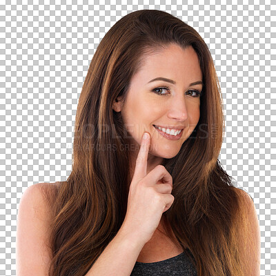 Buy stock photo Face, dental or portrait smile of woman pointing at teeth whitening results, clean mouth or oral hygiene. Tooth care, plastic surgery gesture or happy person isolated on a transparent, png background