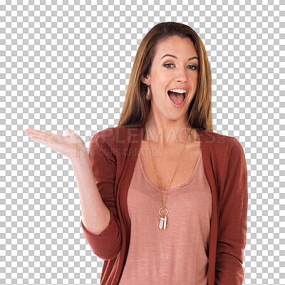 Buy stock photo Portrait, surprise and woman gesture with palm hand for sales product, retail promotion or discount notification. Wow, presentation and female brand ambassador isolated on transparent, png background