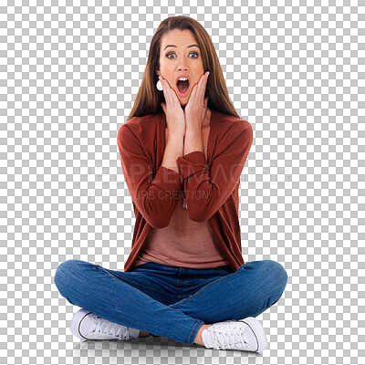 Buy stock photo Wow, portrait and woman with news on a floor against isolated, transparent and png background. Surprise, omg and emoji face by female customer shocked by sale, discount and promotion announcement 