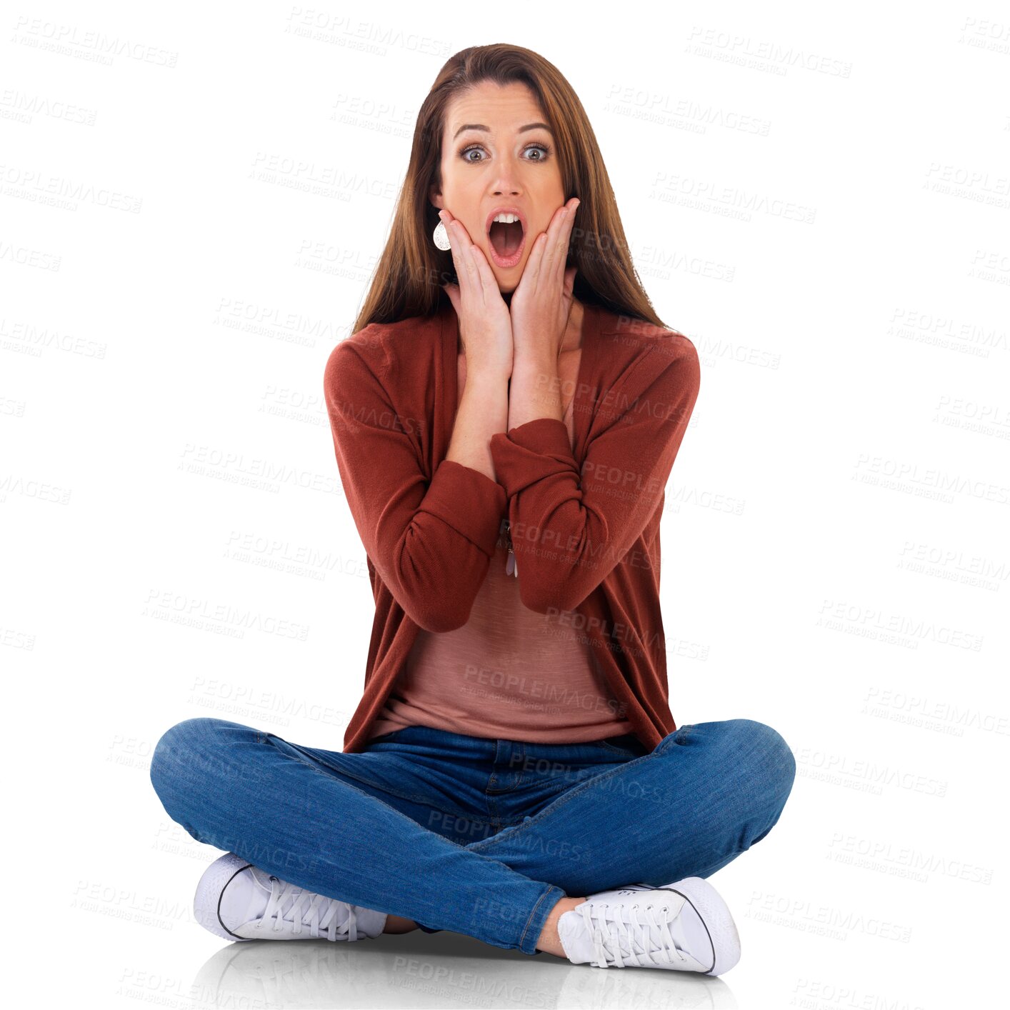 Buy stock photo Wow, portrait and woman with news on a floor against isolated, transparent and png background. Surprise, omg and emoji face by female customer shocked by sale, discount and promotion announcement 