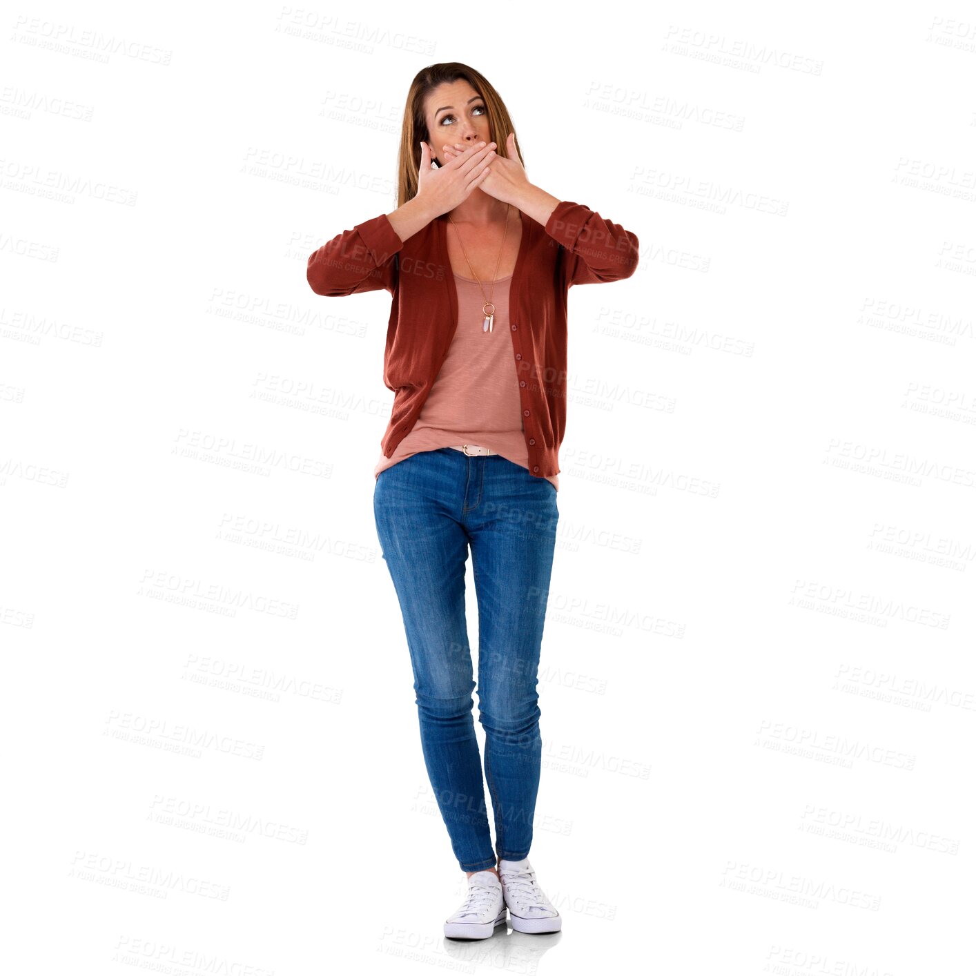 Buy stock photo Wow, surprise and hands on face of woman with secret on transparent, isolated and png background. Mouth, covering and shocked female with gossip, drama or rumor, announcement or  fake news emoji 