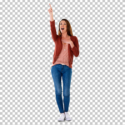 Buy stock photo Excited, surprise and pointing woman shocked with sales product deal, retail promotion news or discount notification. Wow offer, opportunity and female person isolated on transparent, png background