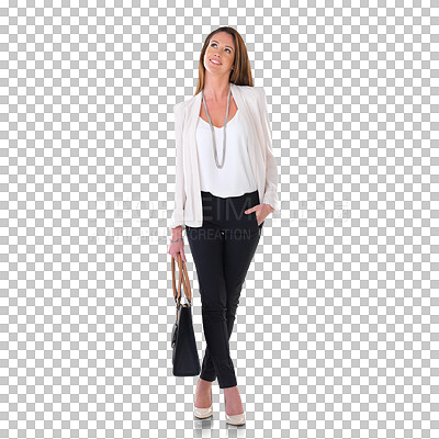 Buy stock photo Business, fashion and thinking by woman on isolated, transparent and png background. Fashionable, idea and female ceo in stylish, trendy and formal outfit, clothes and elegant, smart and aesthetic