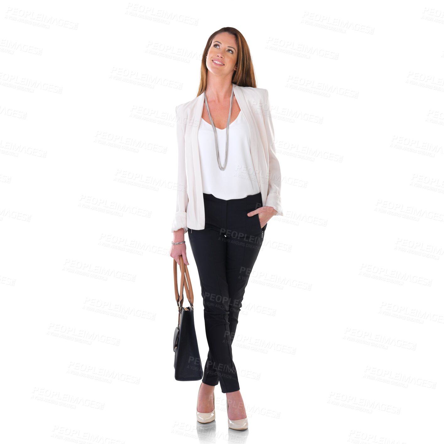 Buy stock photo Business, fashion and thinking by woman on isolated, transparent and png background. Fashionable, idea and female ceo in stylish, trendy and formal outfit, clothes and elegant, smart and aesthetic