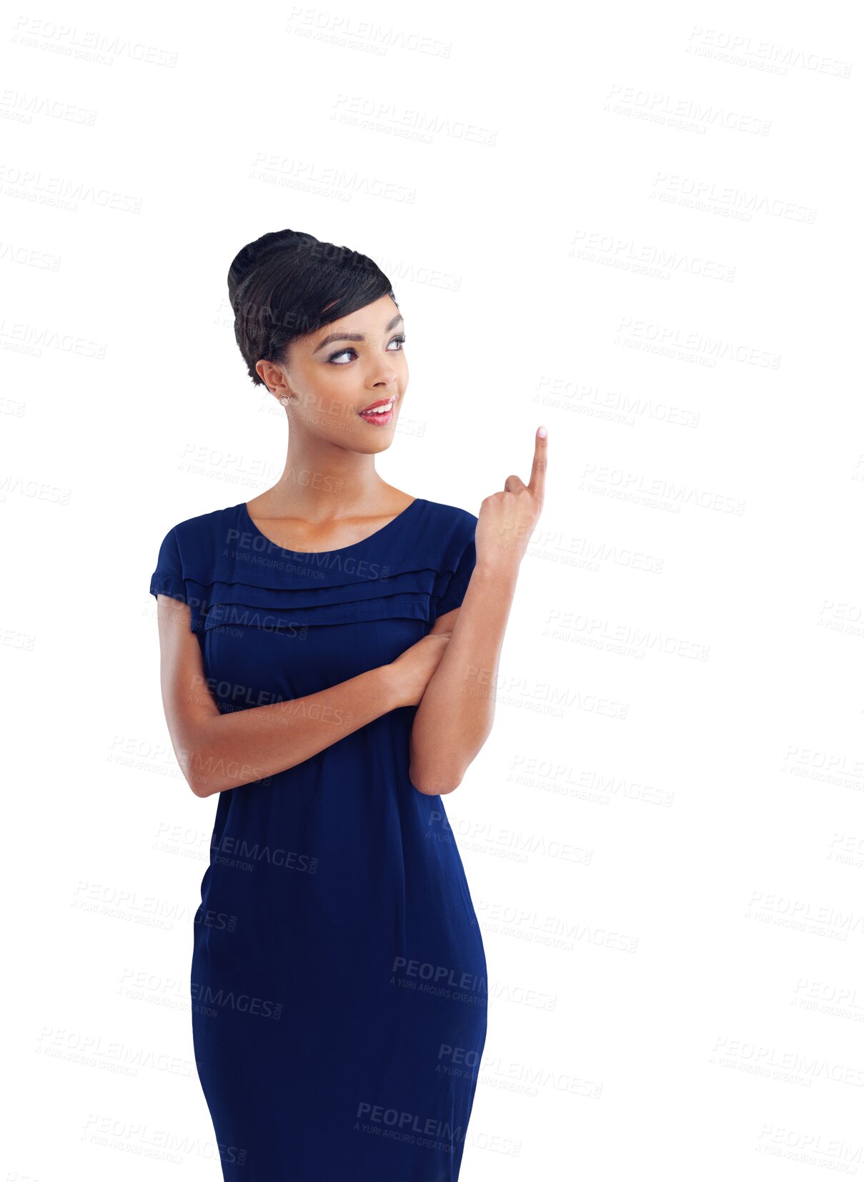 Buy stock photo Advertising, pointing and business woman gesture at sales product space, retail promotion or corporate announcement. Promo, presentation or professional person isolated on transparent, png background