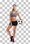 Full length portrait of a female soccer player isolated on a png background