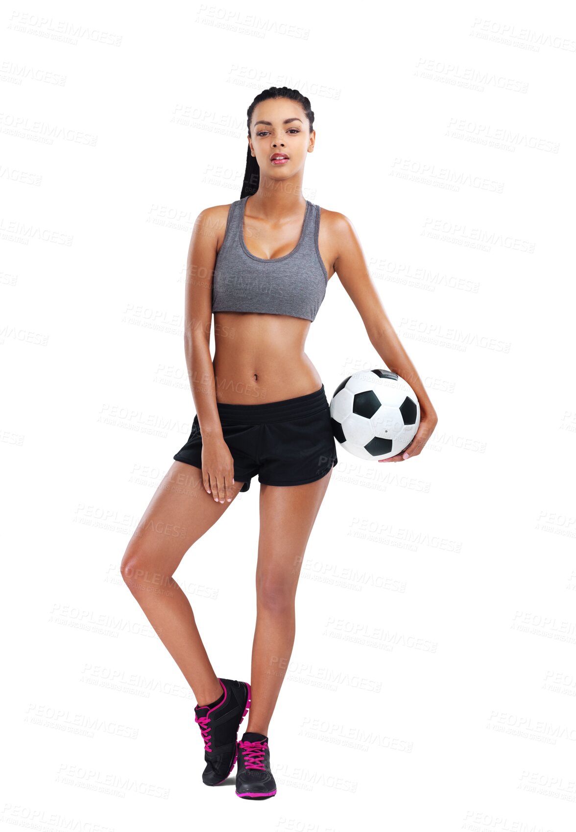 Buy stock photo Soccer player, ball and woman portrait with fitness, exercise or transparent, isolated or png background. Sport, training and face of lady with football, strong or body ready for workout or challenge