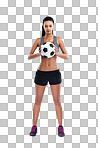 Full length portrait of a female soccer player isolated on a png background