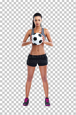 Buy stock photo Hand holding, soccer ball and portrait of woman on isolated, transparent and png background. Football, coach and female trainer ready for sports, training and healthy lifestyle challenge or workout