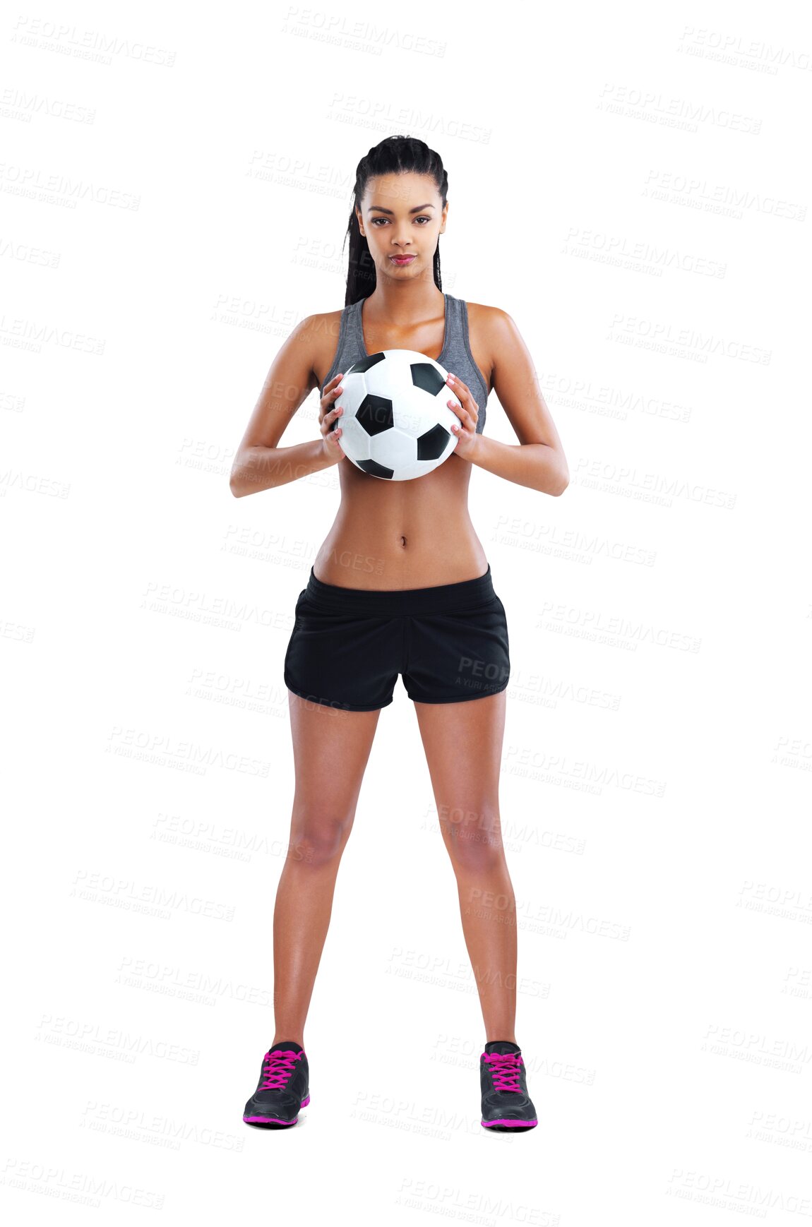 Buy stock photo Hand holding, soccer ball and portrait of woman on isolated, transparent and png background. Football, coach and female trainer ready for sports, training and healthy lifestyle challenge or workout