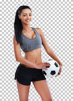 Buy stock photo Training, soccer ball and portrait of happy woman with healthy lifestyle on isolated, transparent and png background. Sport, face and female football player smile for fitness, exercise or workout