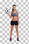 Full length portrait of a female soccer player isolated on a png background