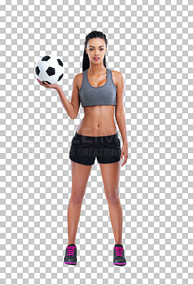 Buy stock photo Soccer, fitness and portrait of a woman with a ball on isolated, transparent and png background. Football, coach and face of female trainer ready for sports, training and healthy lifestyle motivation