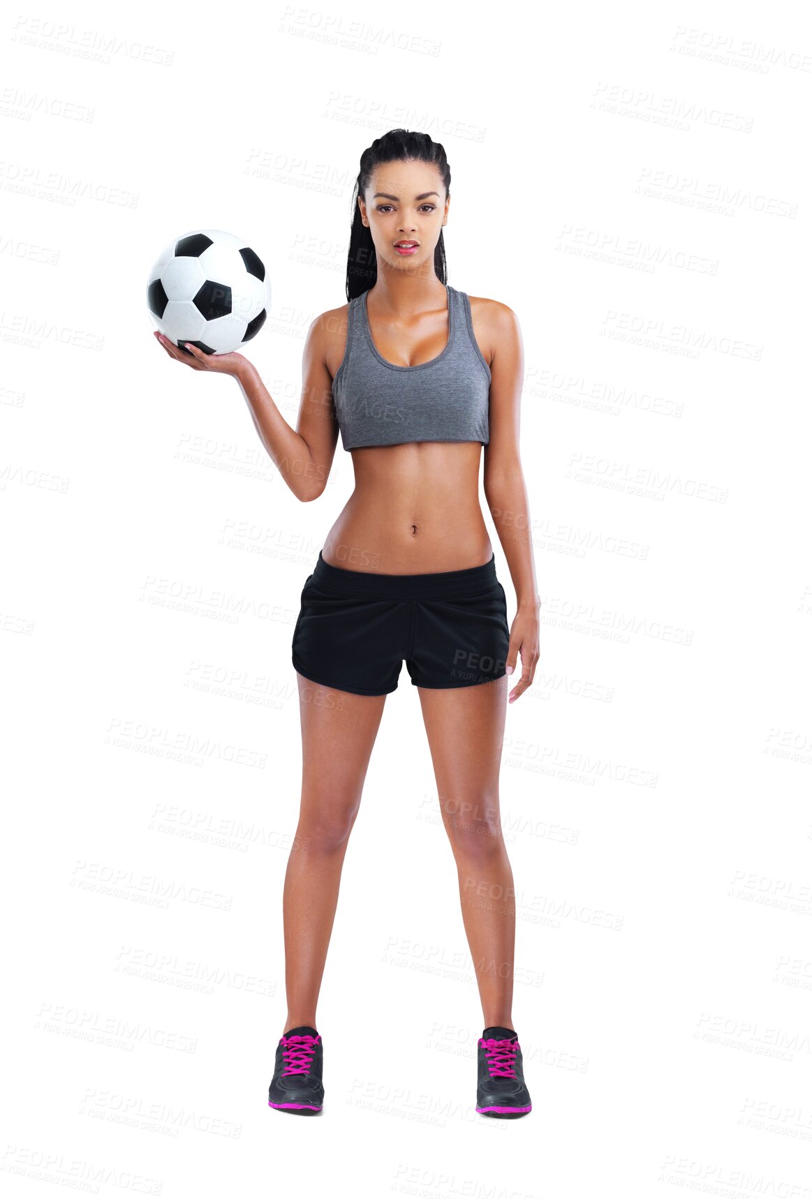 Buy stock photo Soccer, fitness and portrait of a woman with a ball on isolated, transparent and png background. Football, coach and face of female trainer ready for sports, training and healthy lifestyle motivation