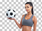 Cropped portrait of a female soccer player isolated on a png background