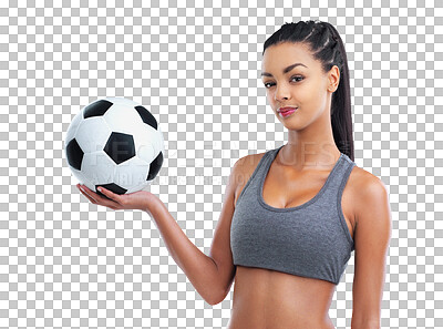 Buy stock photo Hand holding, soccer ball and woman portrait on isolated, transparent and png background. Football, coach and face of female trainer ready for sports, training and healthy lifestyle motivation