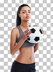 Cropped portrait of a female soccer player isolated on a png background