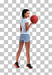 Full length portrait of a female basketball player isolated on a png background