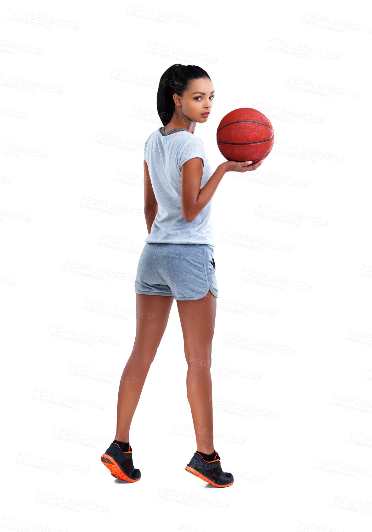 Buy stock photo Woman, basketball and ball portrait with sport training, game and exercise with confidence. Young female person, athlete and isolated on a transparent, png background with back and sports fitness 